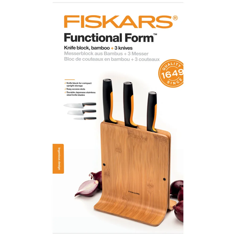 Набір кухонних ножів Fiskars Functional Form з підставкою з бамбука, 3 одиниці, нержавіюча сталь, пластик, чорний колір.
