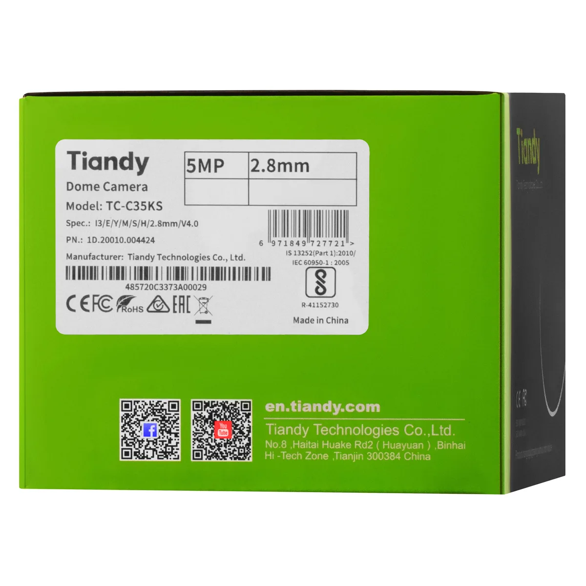 IP-камера Tiandy TC-C35KS Спецификация: I3/E/Y/M/S/H/2.8mm/V4.0, 5MP, Starlight IR купольная, 2.8mm, f/1.6, ИК30м, PoE, IP66, IK10.