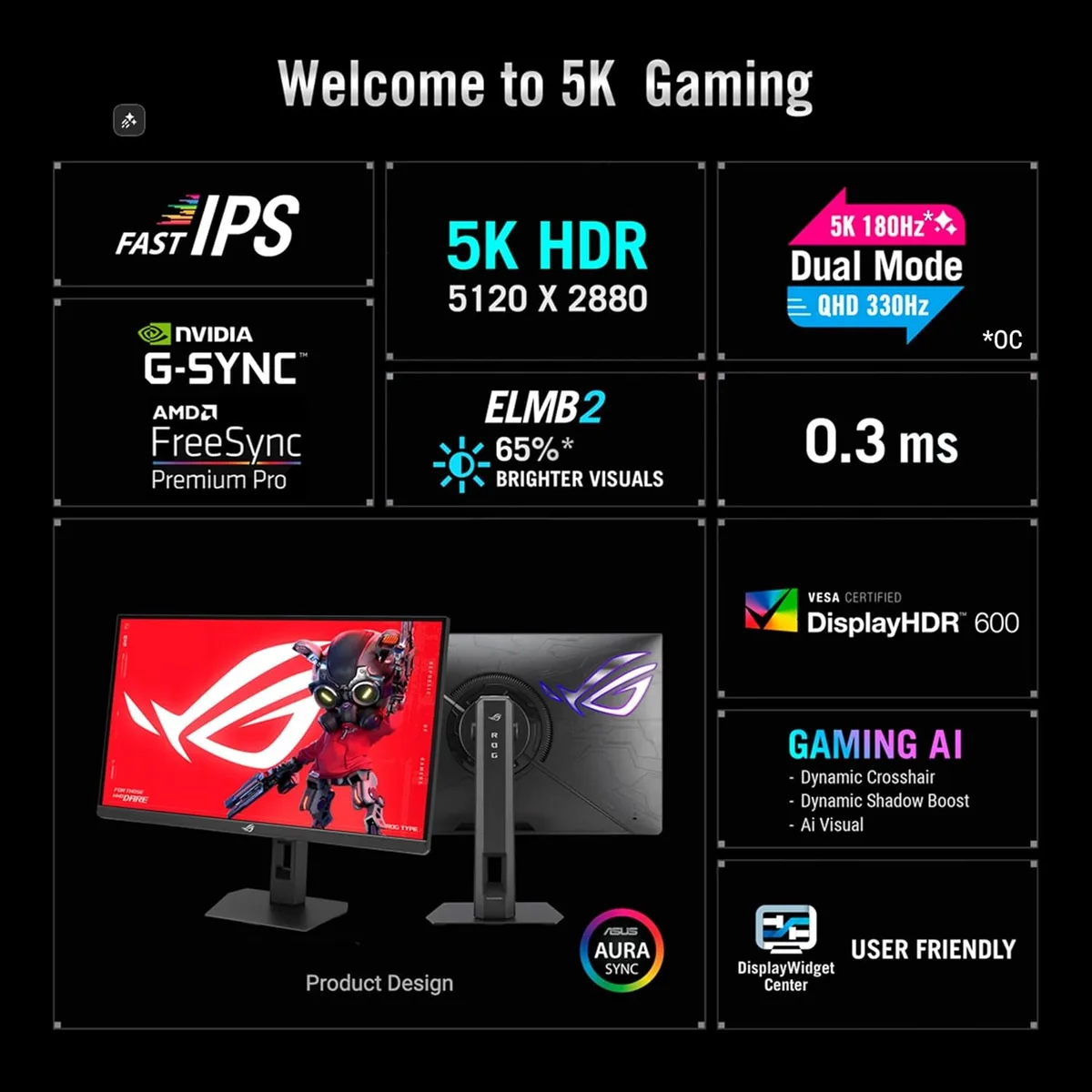 Монітор Asus 27" ROG Strix 5K XG27JCG 2xHDMI, DP, USB-C, 3xUSB, IPS, 5120x2880, 180Hz, 0.03ms, DCI-P3 97%, FreeSync, Pivot, HDR600