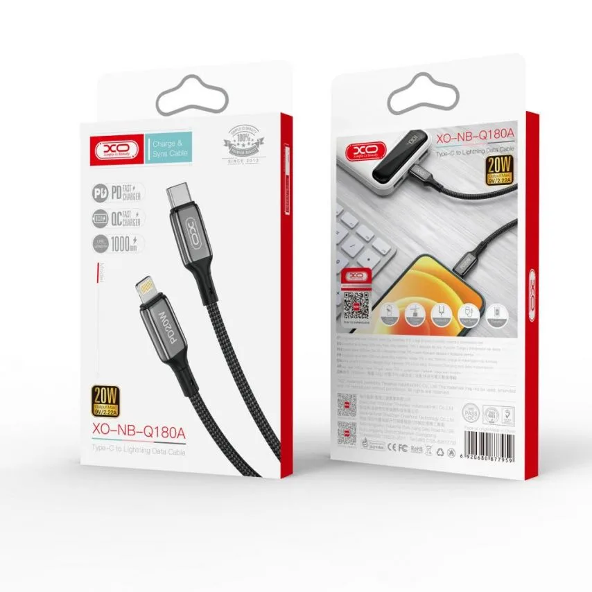Кабель USB XO тканинний Type-C to Lightning 1м чорний 20W 2.22A