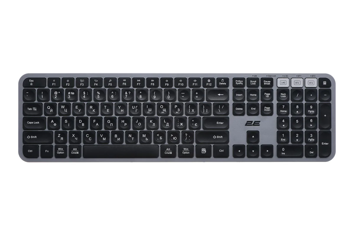 Клавиатура мембранная 2E KS240 110key, WL/BT, EN/UK, серо-черная