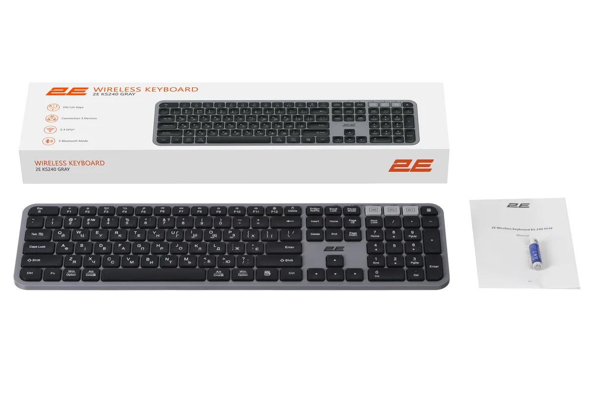 Клавиатура мембранная 2E KS240 110key, WL/BT, EN/UK, серо-черная