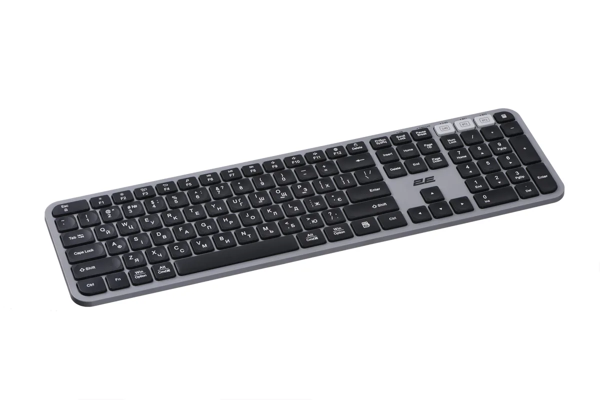 Клавиатура мембранная 2E KS240 110key, WL/BT, EN/UK, серо-черная