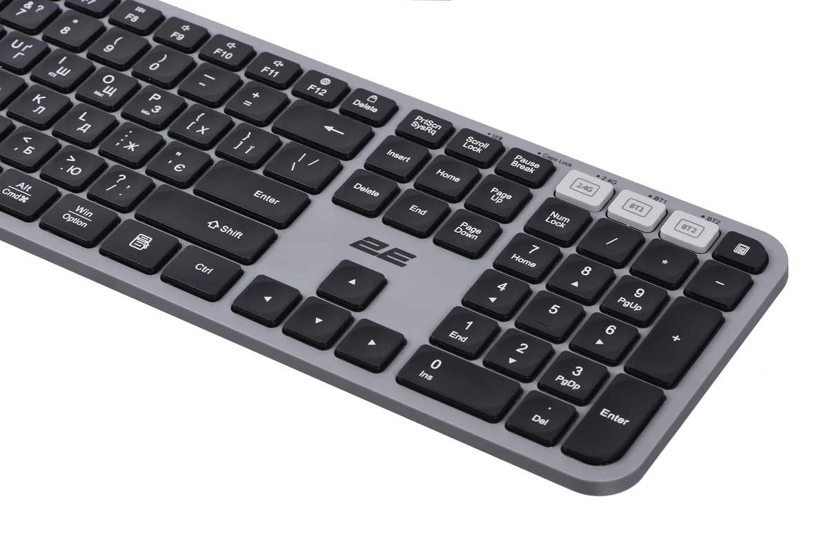 Клавиатура мембранная 2E KS240 110key, WL/BT, EN/UK, серо-черная