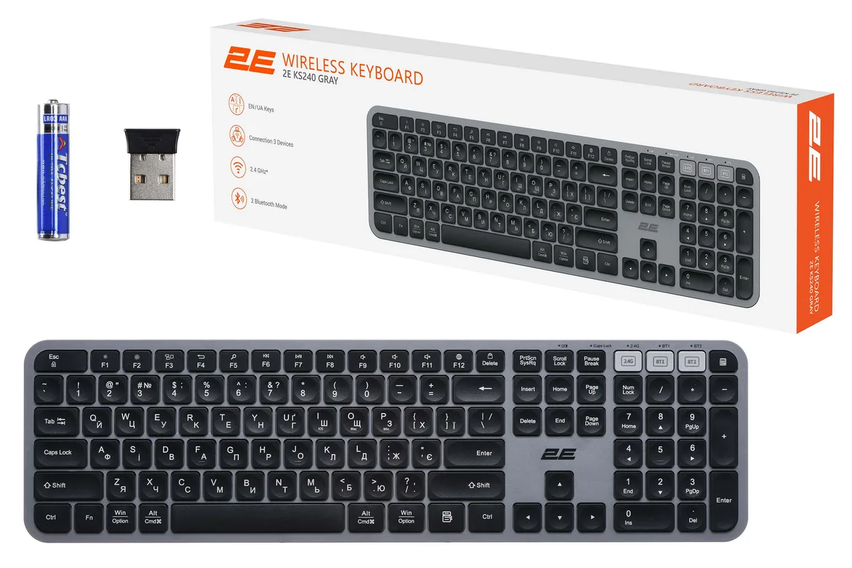 Клавиатура мембранная 2E KS240 110key, WL/BT, EN/UK, серо-черная