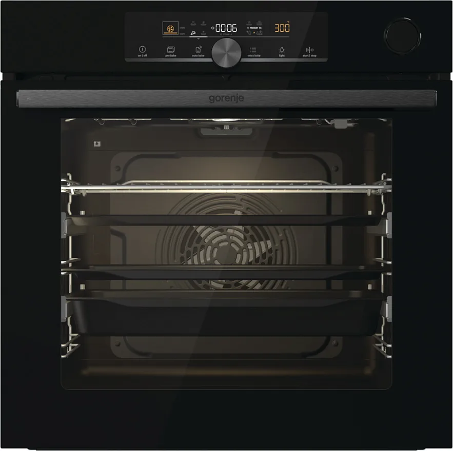 Електрична духова шафа Gorenje, об'ємом 77л, класу A+, з паровою функцією, з дисплеєм, чорного кольору.