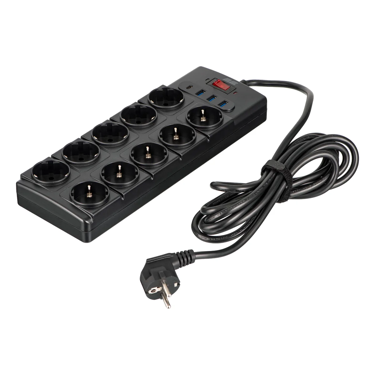 Подовжувач мережевий 2E 3м, 10xТипF, 16A, 3xUSB-A, 1xUSB-C, фільтр, чорний