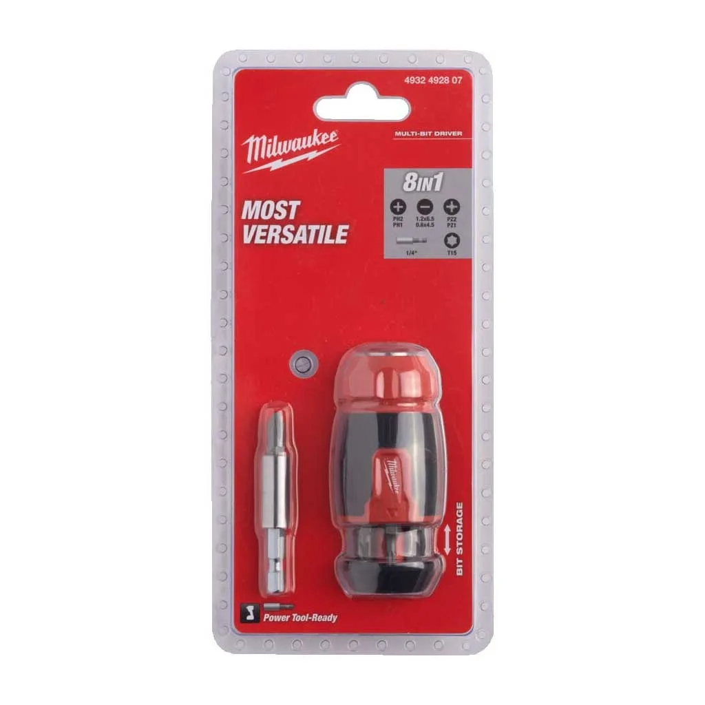 Викрутка Milwaukee 8 насадок двокомпонентна рукоятка PH1 PH2 PZ1 PZ2 T15 SL 0,6x4,5 SL 1,2x6,5 мм