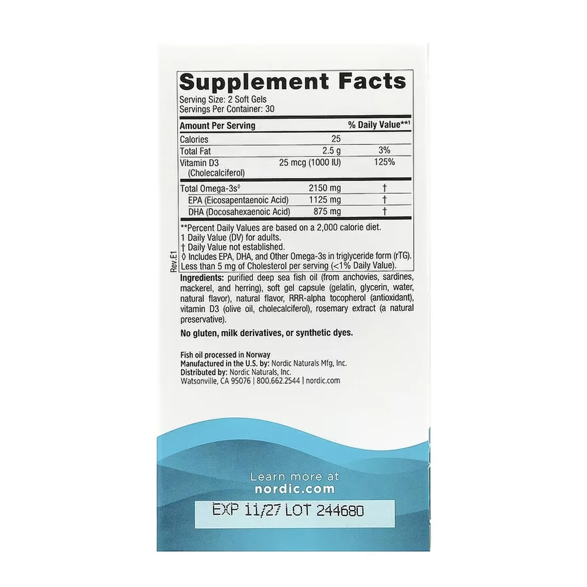 Ultimate Omega 2X D3 Nordic Naturals рыбный жир 60 мягких капсул 2150 мг Омега-3 1000 МЕ D3