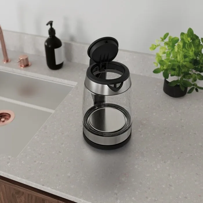 Електрочайник Electrolux 1.7л, Strix, скляний, сріблястий з чорними елементами.