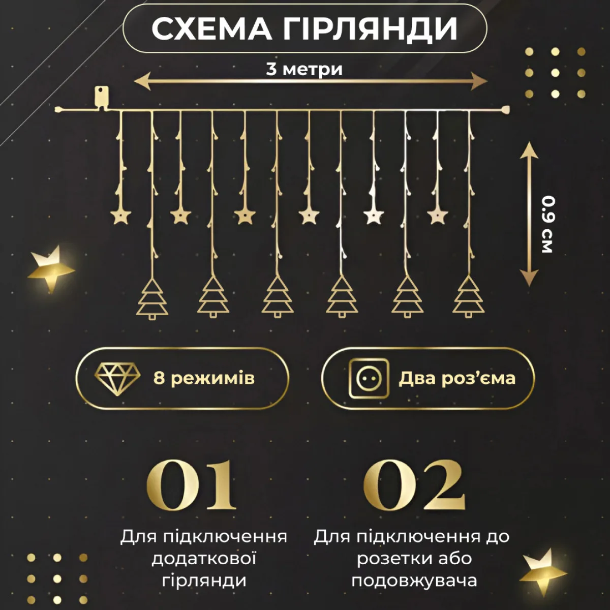 Гірлянда світлодіодна жовта 120LED 3х0,9 м зірка ялинка 8 режимів
