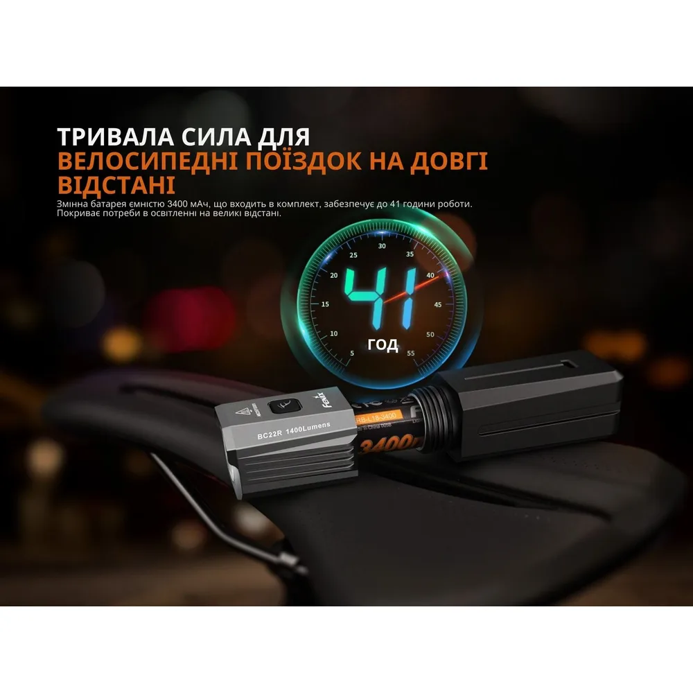 Велофара Fenix 115х34х29 мм біла з акумулятором 18650 1400 лм