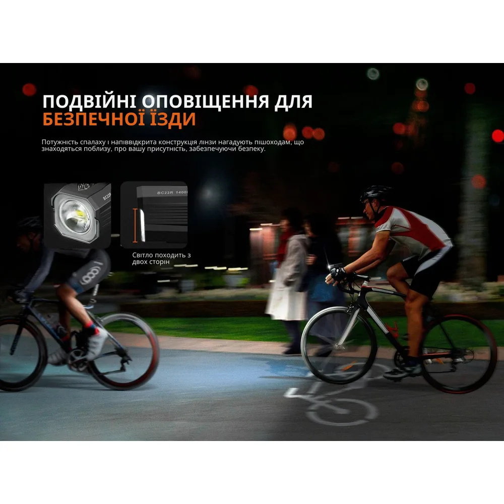 Велофара Fenix 115х34х29 мм біла з акумулятором 18650 1400 лм