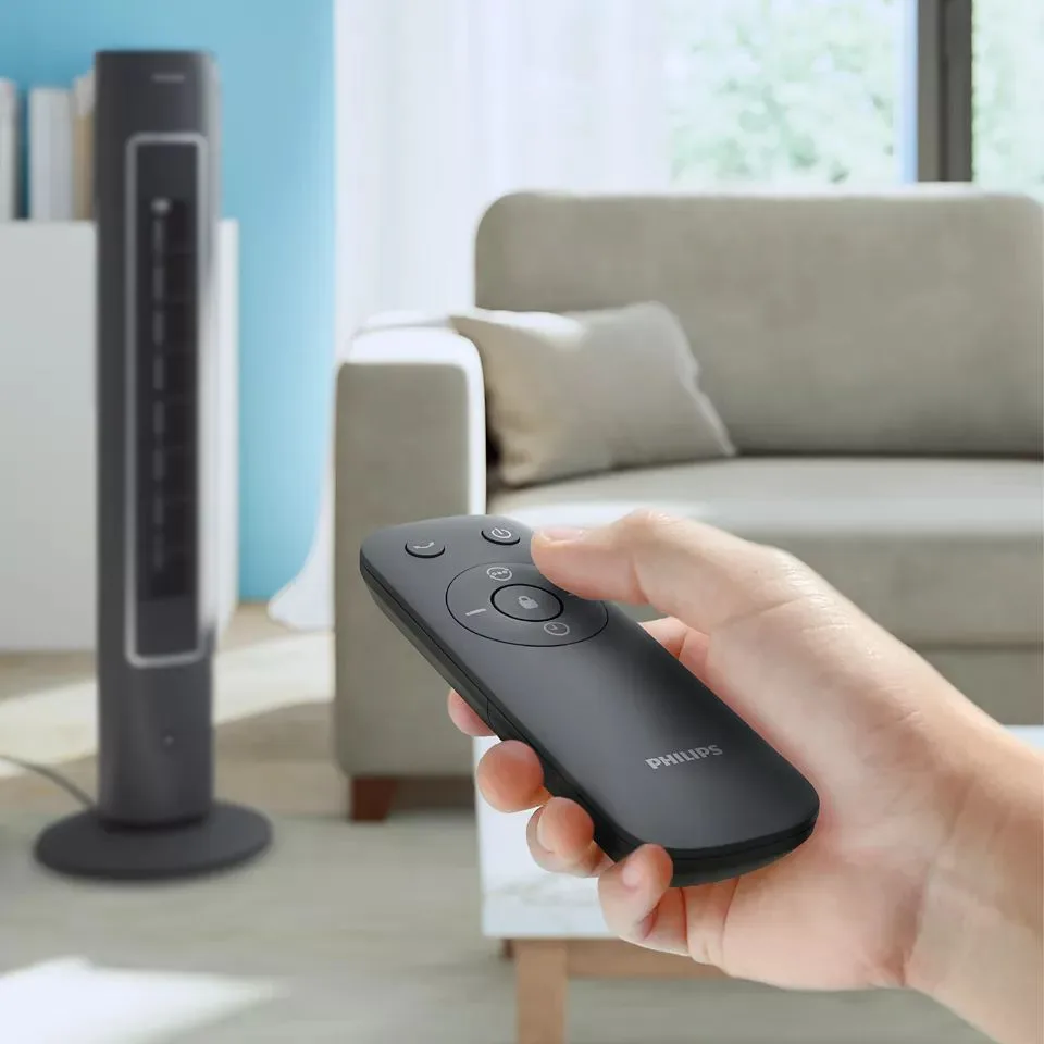 Колонний вентилятор Philips, висота 110 см, потужність 40 Вт, з дистанційним керуванням, LED-дисплей, графітовий колір.