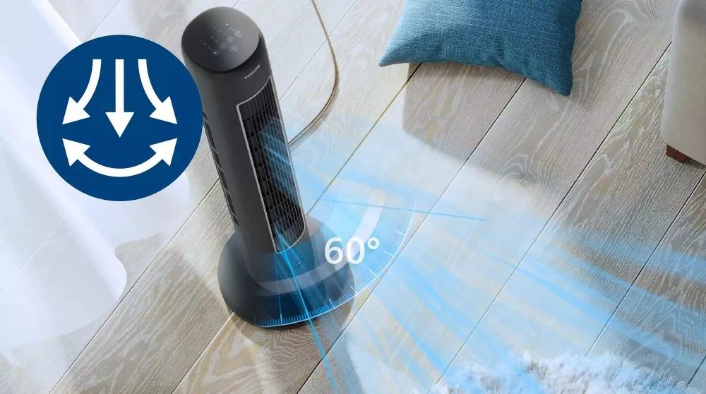 Колонний вентилятор Philips, висота 110 см, потужність 40 Вт, з дистанційним керуванням, LED-дисплей, графітовий колір.