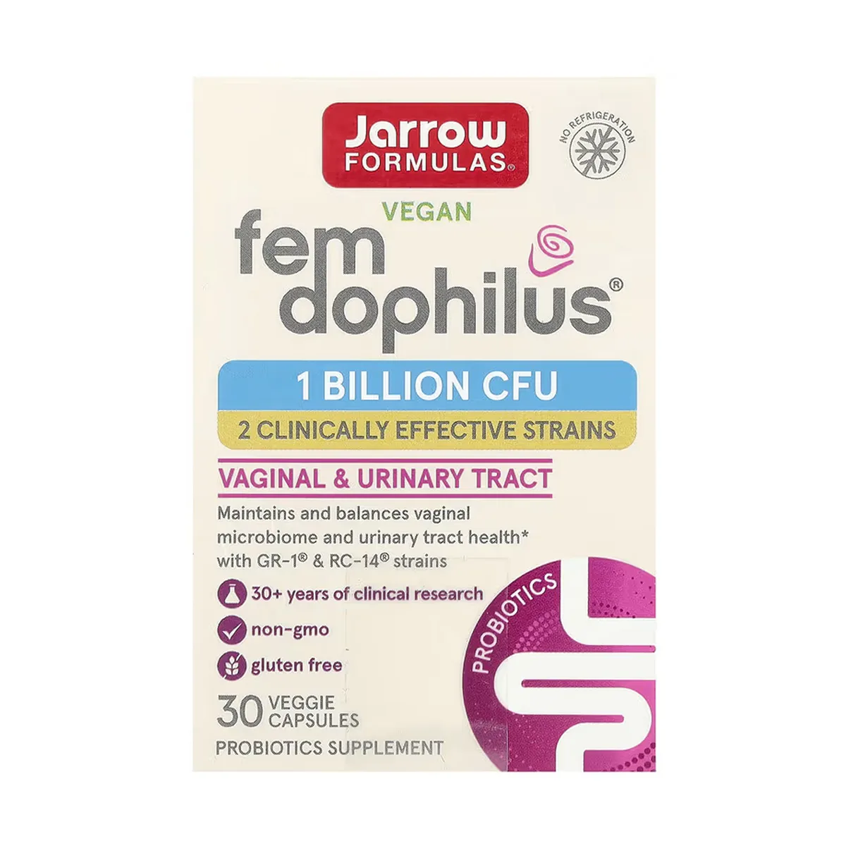 Jarrow Formulas Vegan Fem Dophilus 30 капсул Пробіотик для здоров'я вагіни та сечових шляхів.