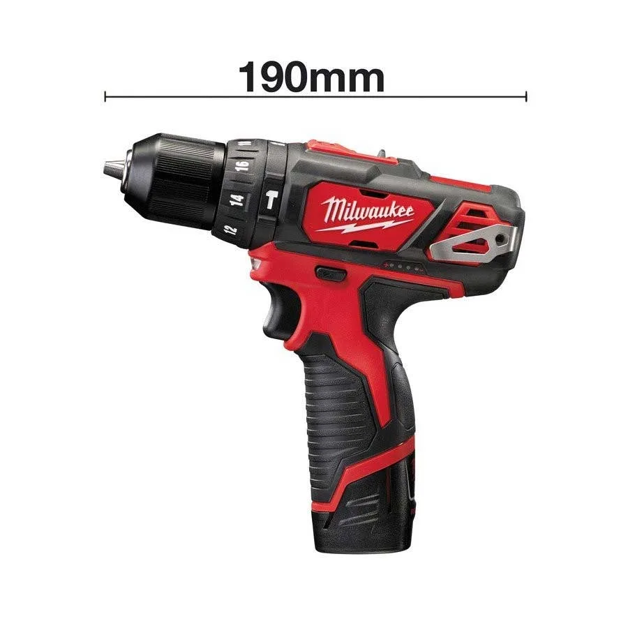 Аккумуляторная шуруповерт-дрель Milwaukee M12 BPD-202C 12В, 2 батареи по 2А·ч, момент 30Нм, скорость 0-1500 об/мин, с зарядным устройством, в кейсе, вес 12 кг