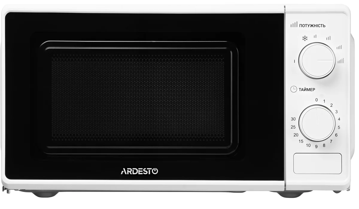 Мікрохвильова піч ARDESTO, об'єм 20л, механічне управління, потужність 700Вт, з відкриттям кнопкою, білий колір.