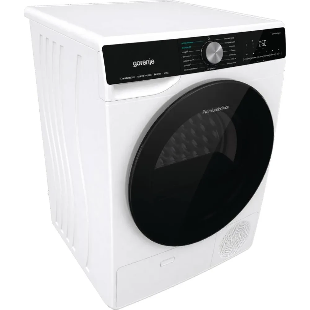 Сушильна машина Gorenje з тепловим насосом, 9 кг, клас енергоефективності A++, 60 см, з дисплеєм, 15 програмами, підсвічуванням ба