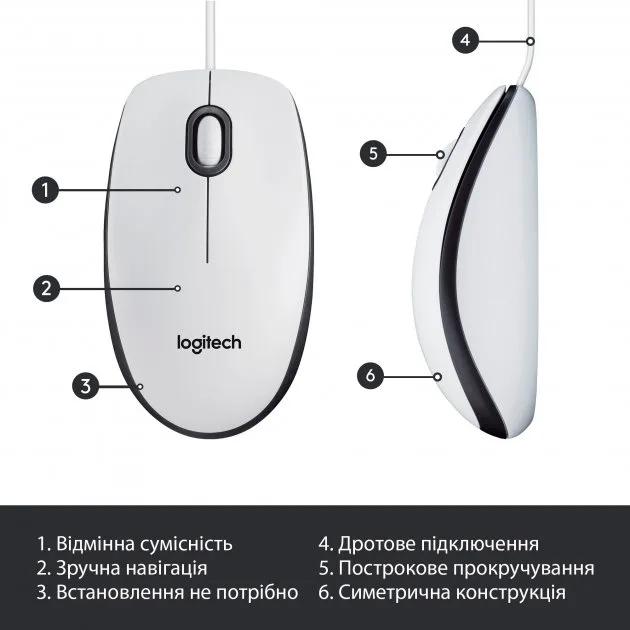 Миша Logitech оптична дротова середня біла USB 1000 dpi