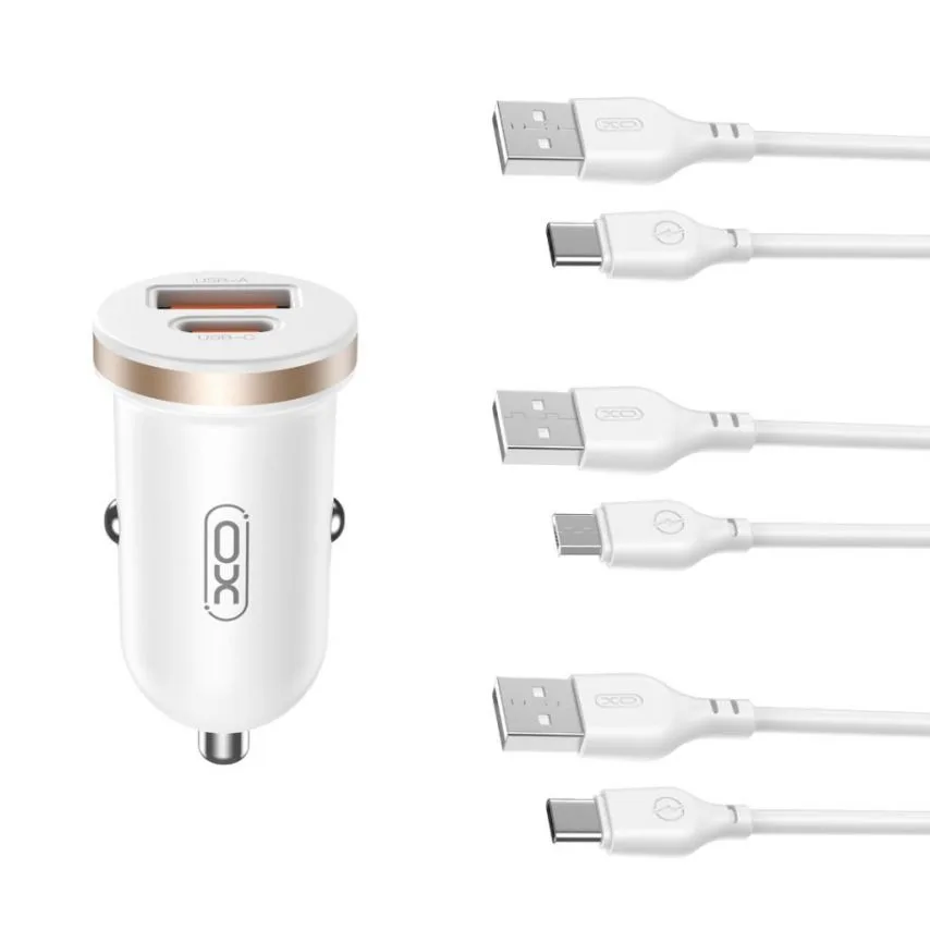 Автомобільний зарядний пристрій XO метал 30W білий 2в1 Type-C USB