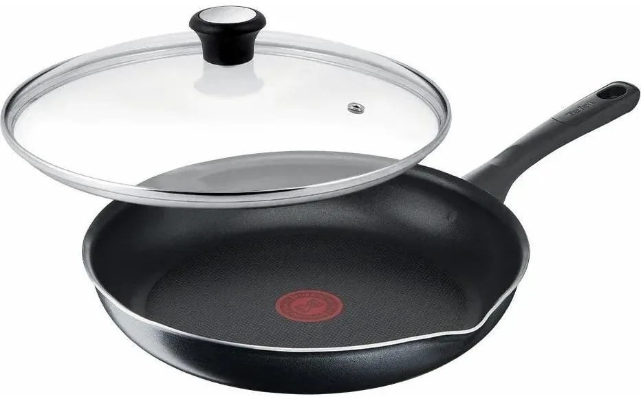 Сковорода з кришкою Tefal Day by Day, 24 см, алюмінієва, з бакелітовою ручкою та скляною кришкою, чорного кольору.