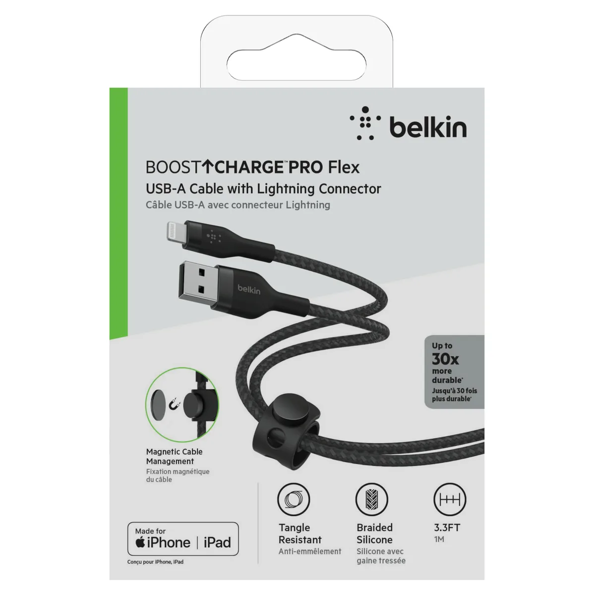 Кабель USB-A > Lightning заряджання/синхронізації Belkin 1м, плетений, силіконовий, з ремінцем на магніті, чорний