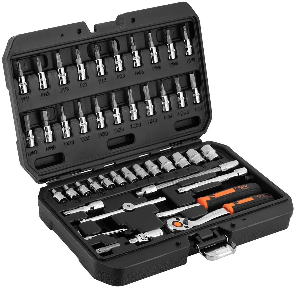 Набір інструментів Neo Tools, набір торцевих головок, 1/4", CrV, кейс, 46шт