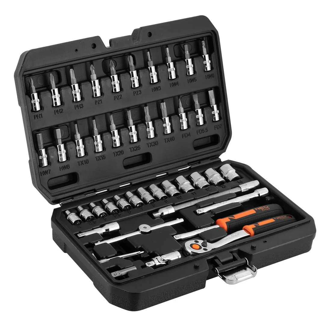 Набор инструментов Neo Tools, набор торцевых головок, 1/4", CrV, кейс, 46шт