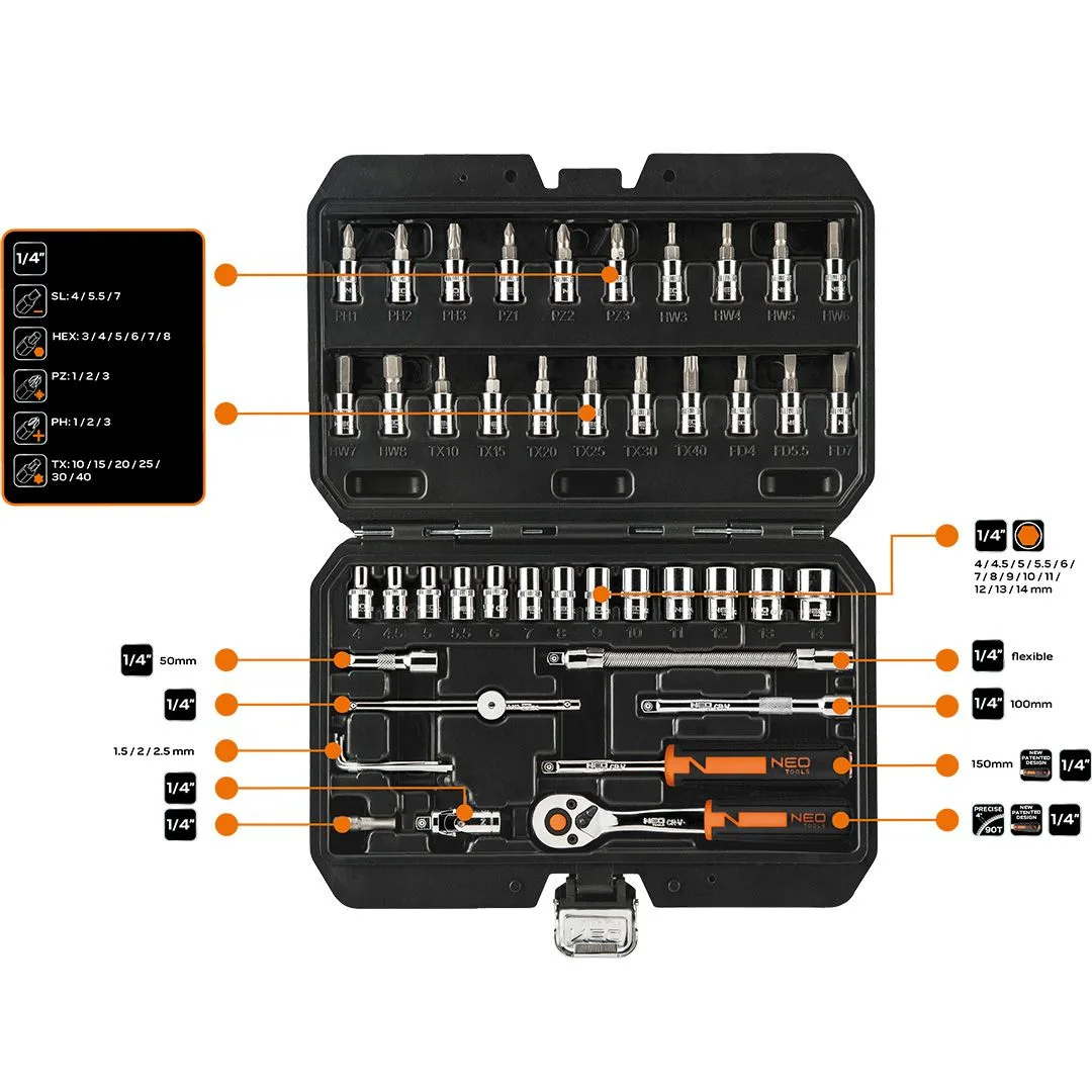 Набор инструментов Neo Tools, набор торцевых головок, 1/4", CrV, кейс, 46шт