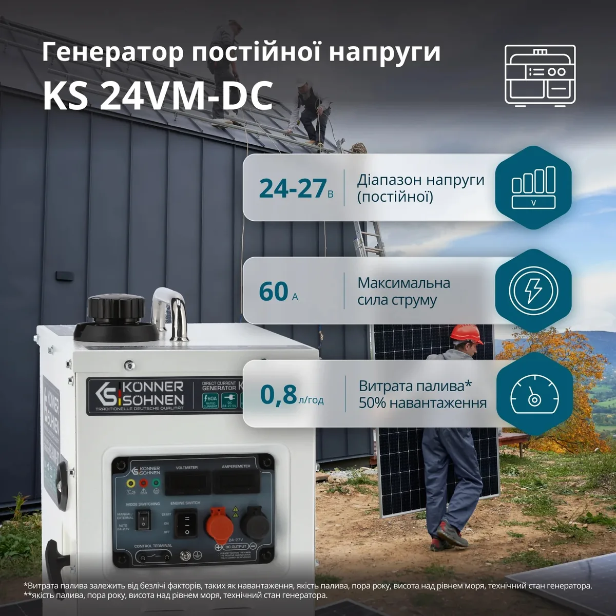 Генератор постійного струму бензиновий KonnerSohnen 1.6кВт 24–27.5В 60А для зарядки акумуляторів електростартер