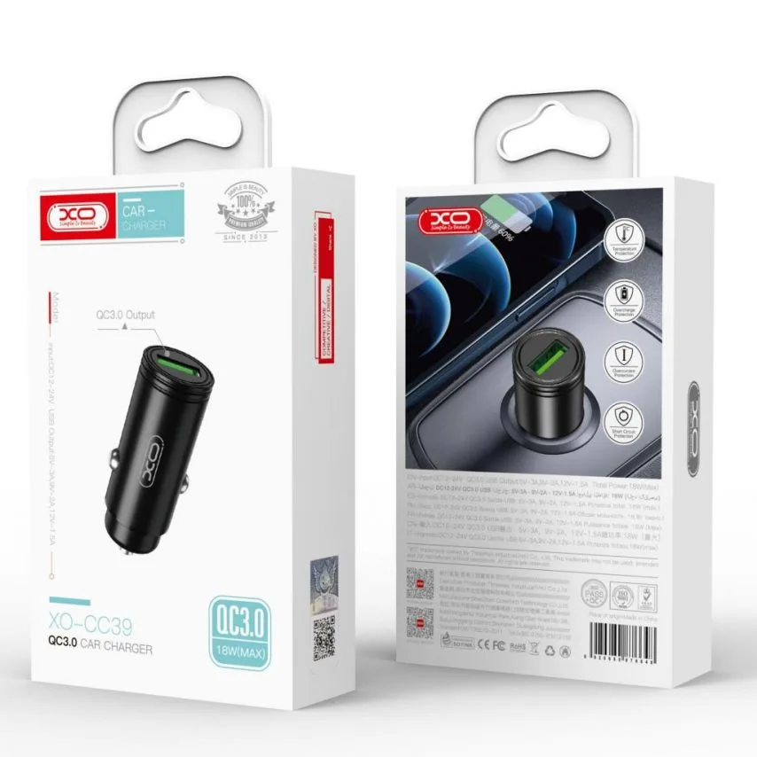 Автомобильное зарядное устройство XO металлическое 1USB 3A черное