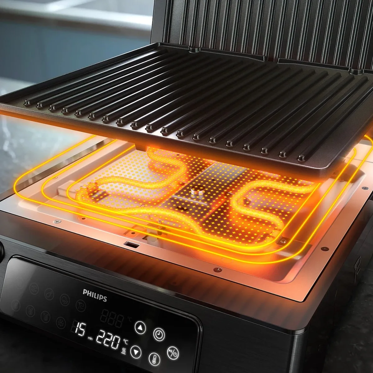 Гриль Philips Series 7000, 2200 Вт, знімні пластини, термометр, відкриття на 180°, металевий корпус, чорний.