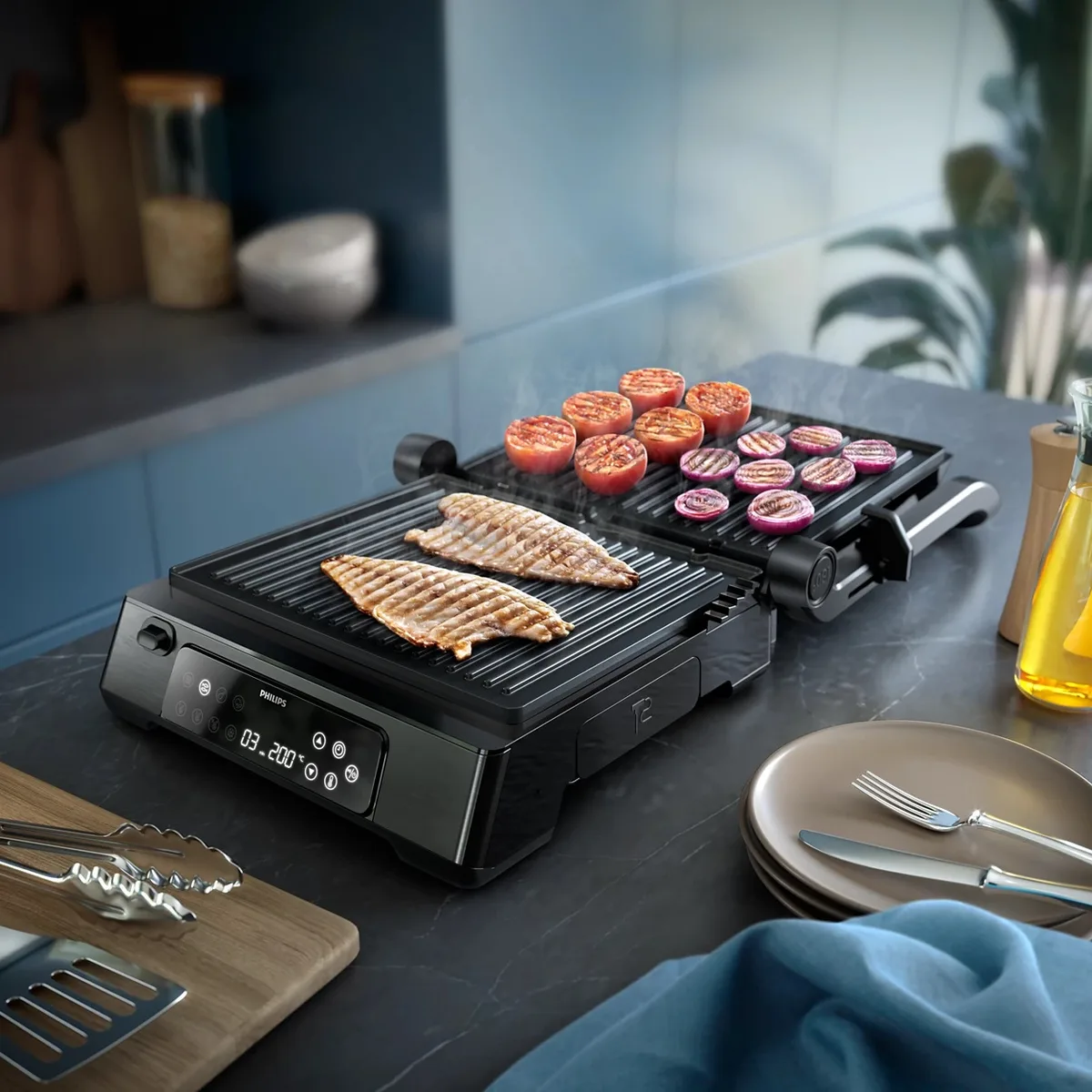 Гриль Philips Series 7000, 2200 Вт, знімні пластини, термометр, відкриття на 180°, металевий корпус, чорний.