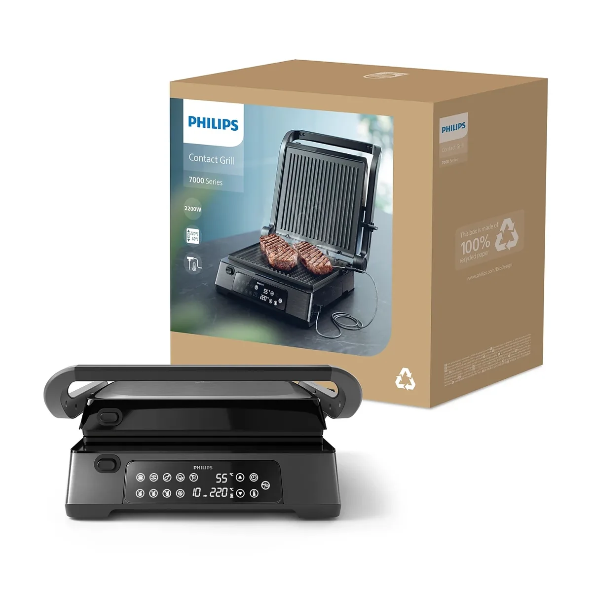 Гриль Philips Series 7000, 2200 Вт, знімні пластини, термометр, відкриття на 180°, металевий корпус, чорний.
