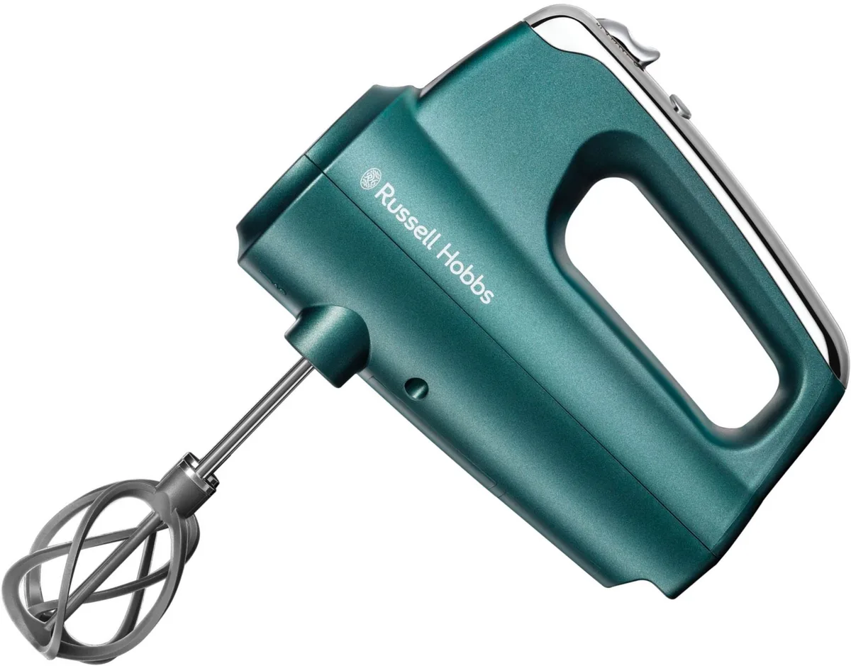 Ручний міксер Russell Hobbs бірюзового кольору, потужність 350 Вт, 4 насадки, функція турборежиму.