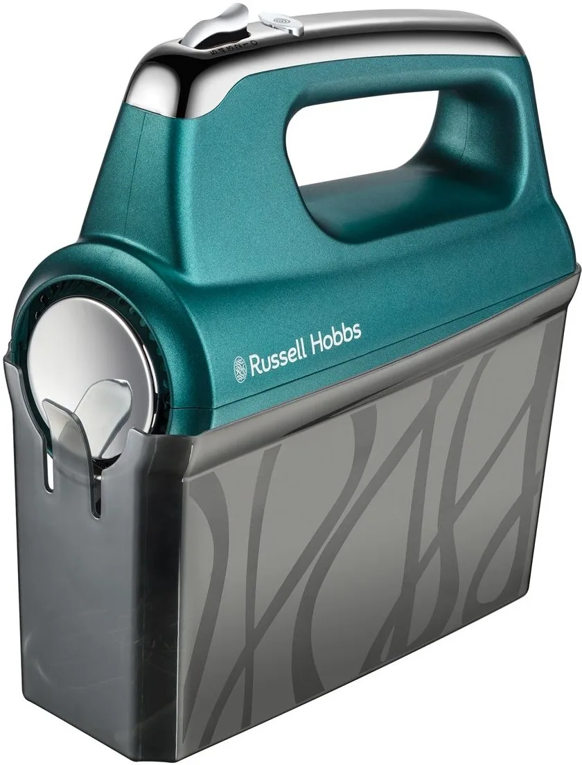 Ручний міксер Russell Hobbs бірюзового кольору, потужність 350 Вт, 4 насадки, функція турборежиму.