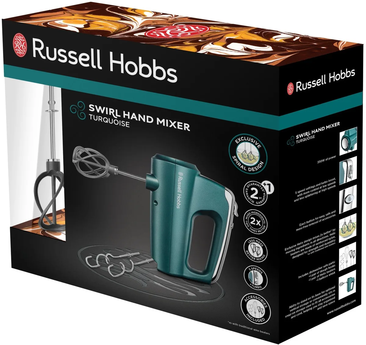 Ручний міксер Russell Hobbs бірюзового кольору, потужність 350 Вт, 4 насадки, функція турборежиму.