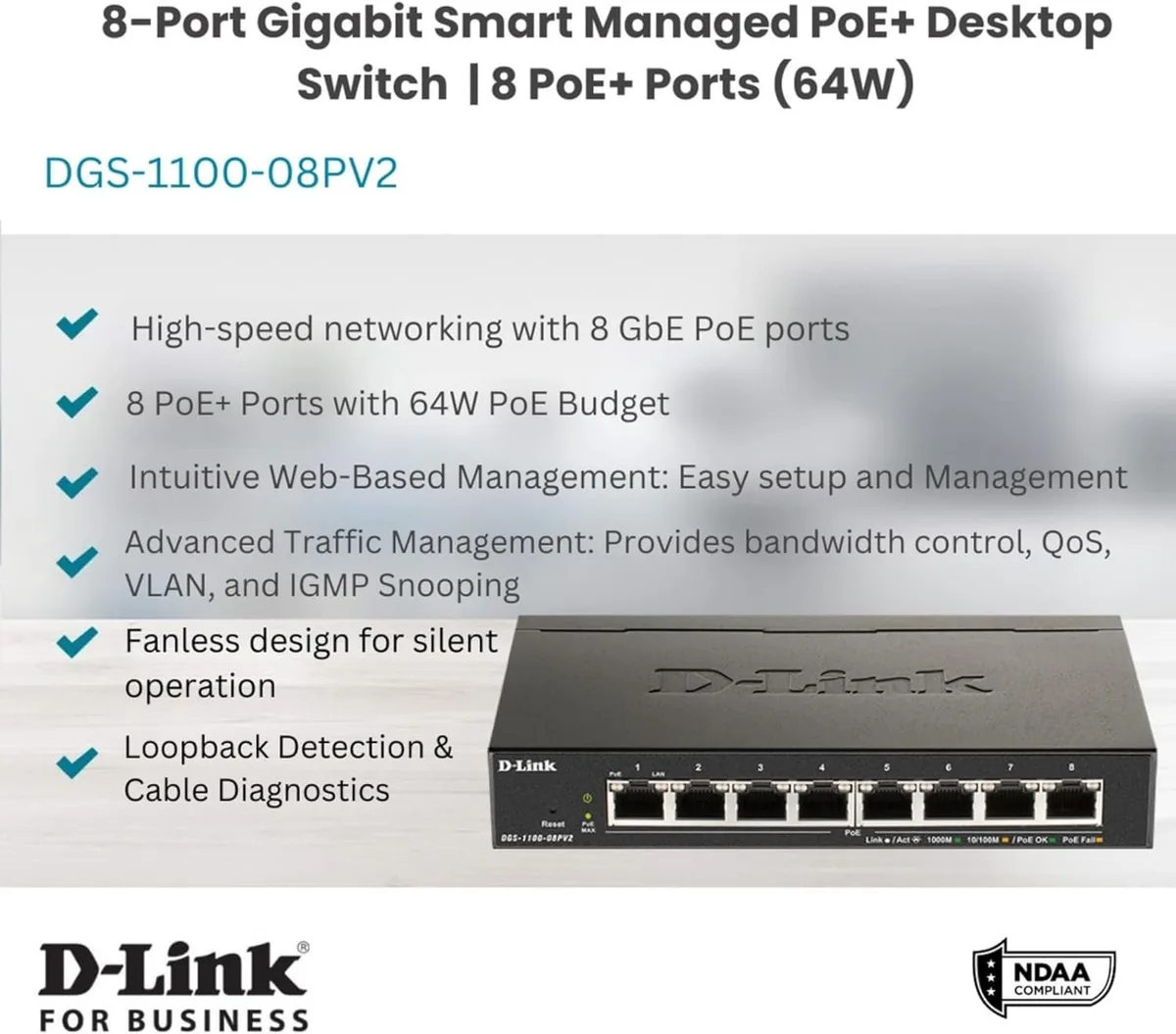 Коммутатор D-Link DGS-1100-08PV2 8xGE PoE 64Вт, EasySmart