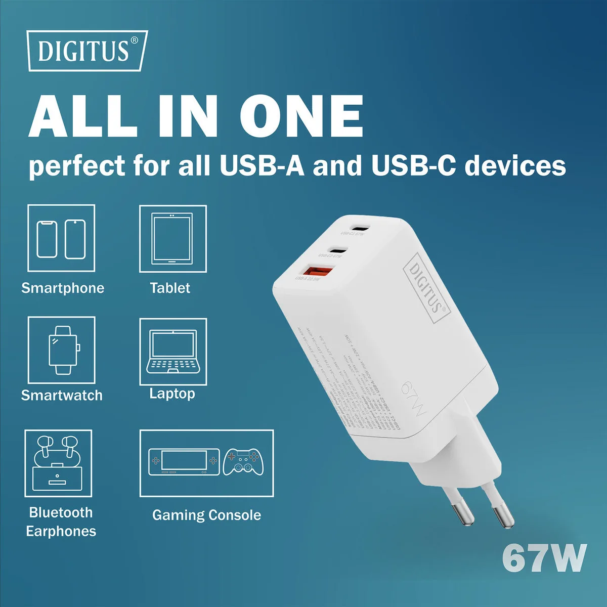 Зарядний пристрій DIGITUS GaN 2хUSB-C, 1хUSB-A, 67W