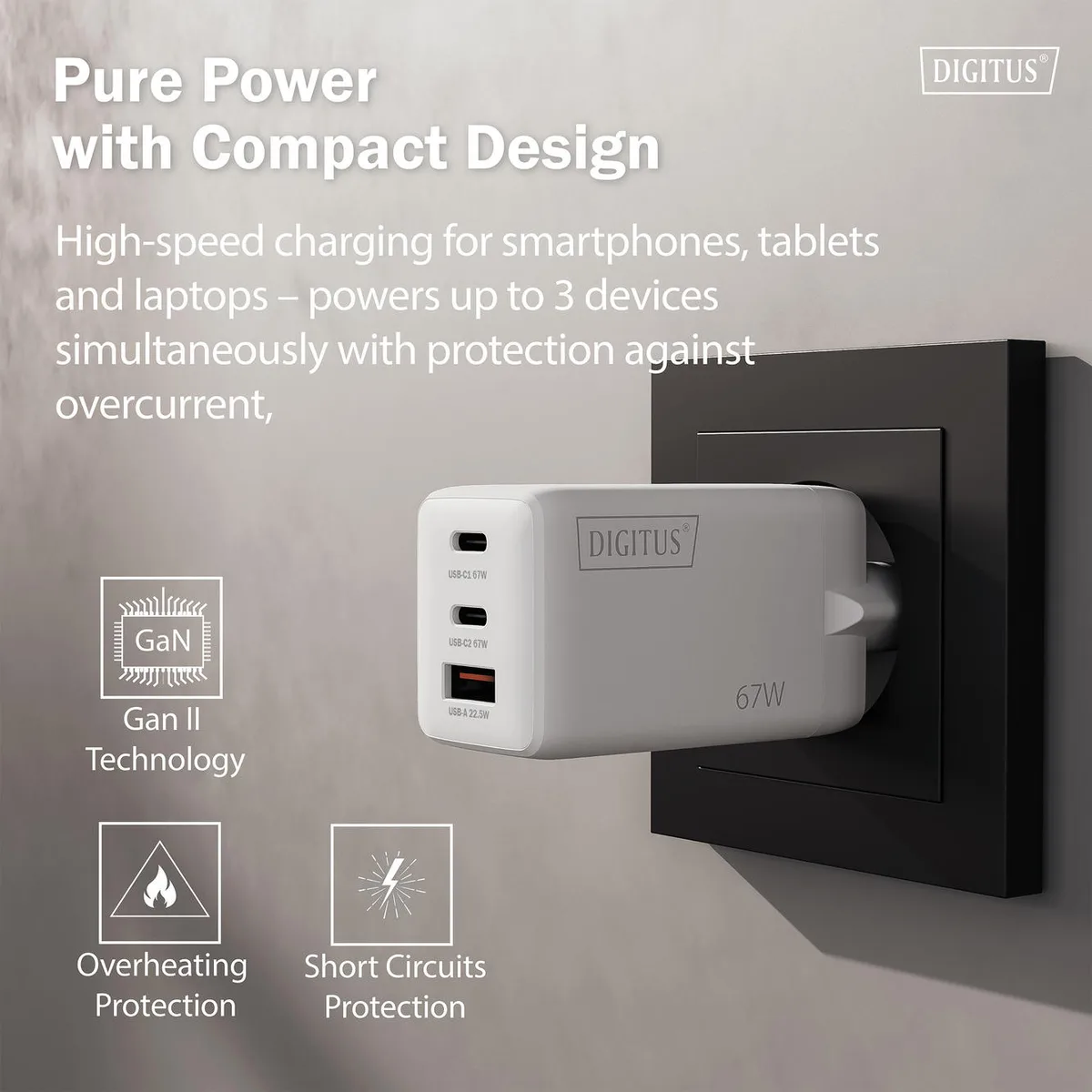 Зарядний пристрій DIGITUS GaN 2хUSB-C, 1хUSB-A, 67W