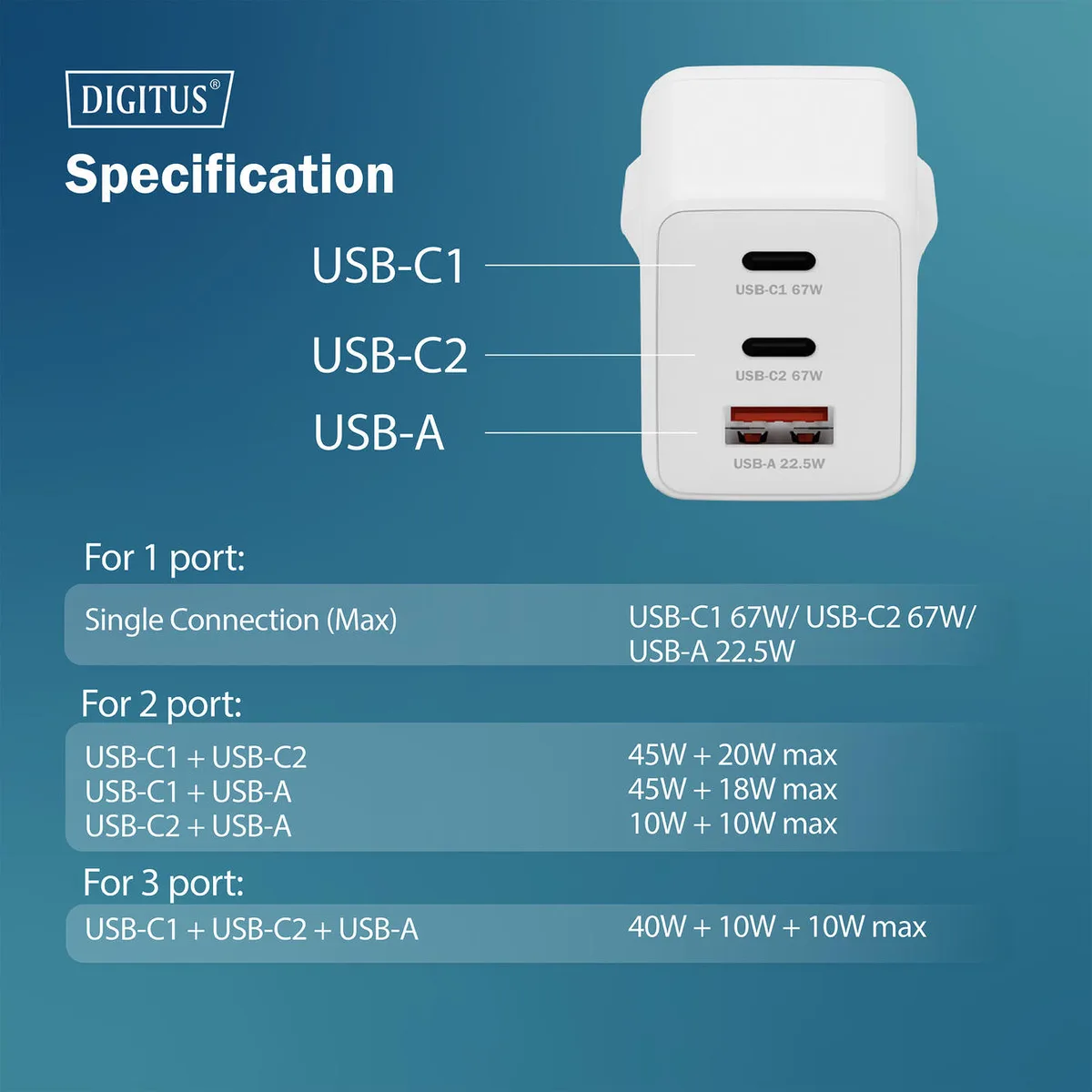 Зарядний пристрій DIGITUS GaN 2хUSB-C, 1хUSB-A, 67W