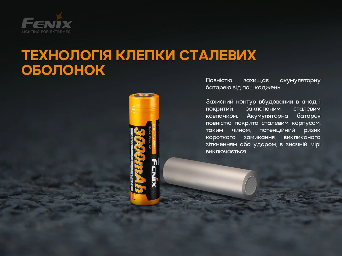 Акумулятор Li-Ion 18650 Fenix 3000 мАг Сталевий 69,1х18,7 мм