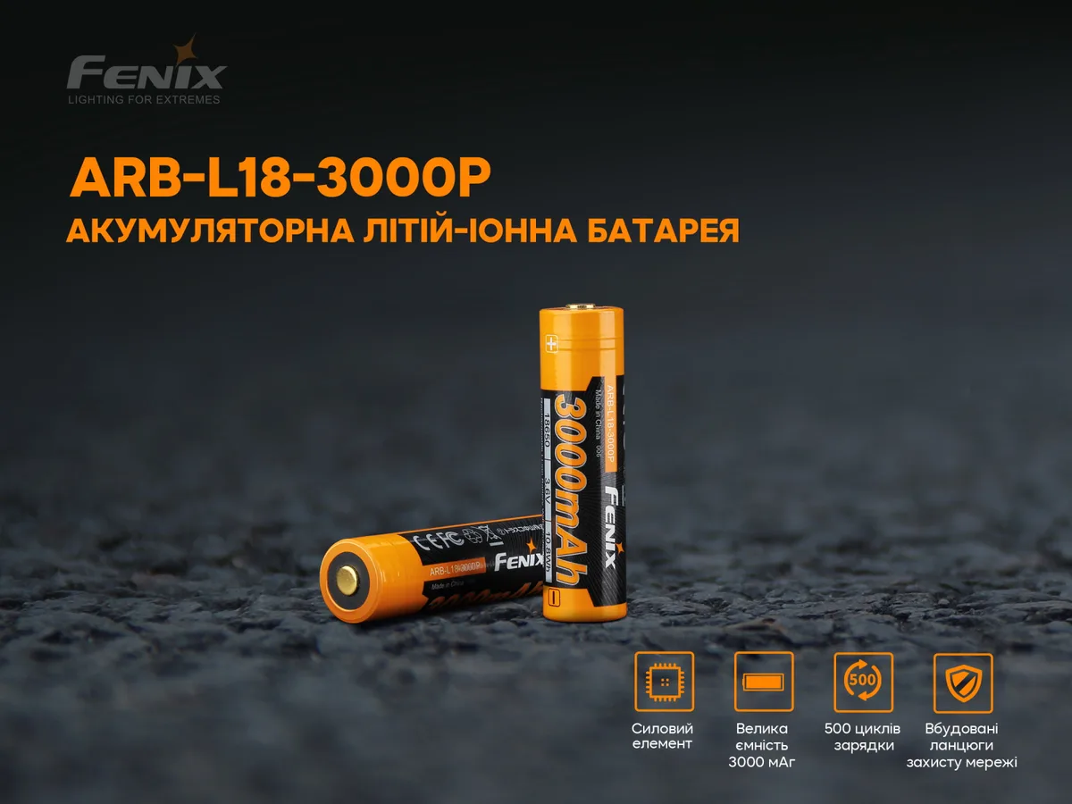 Акумулятор Li-Ion 18650 Fenix 3000 мАг Сталевий 69,1х18,7 мм