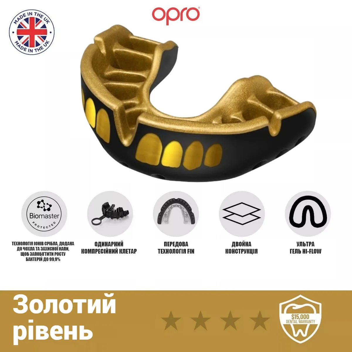 Капа OPRO термопластик доросла 11+ чорна золота