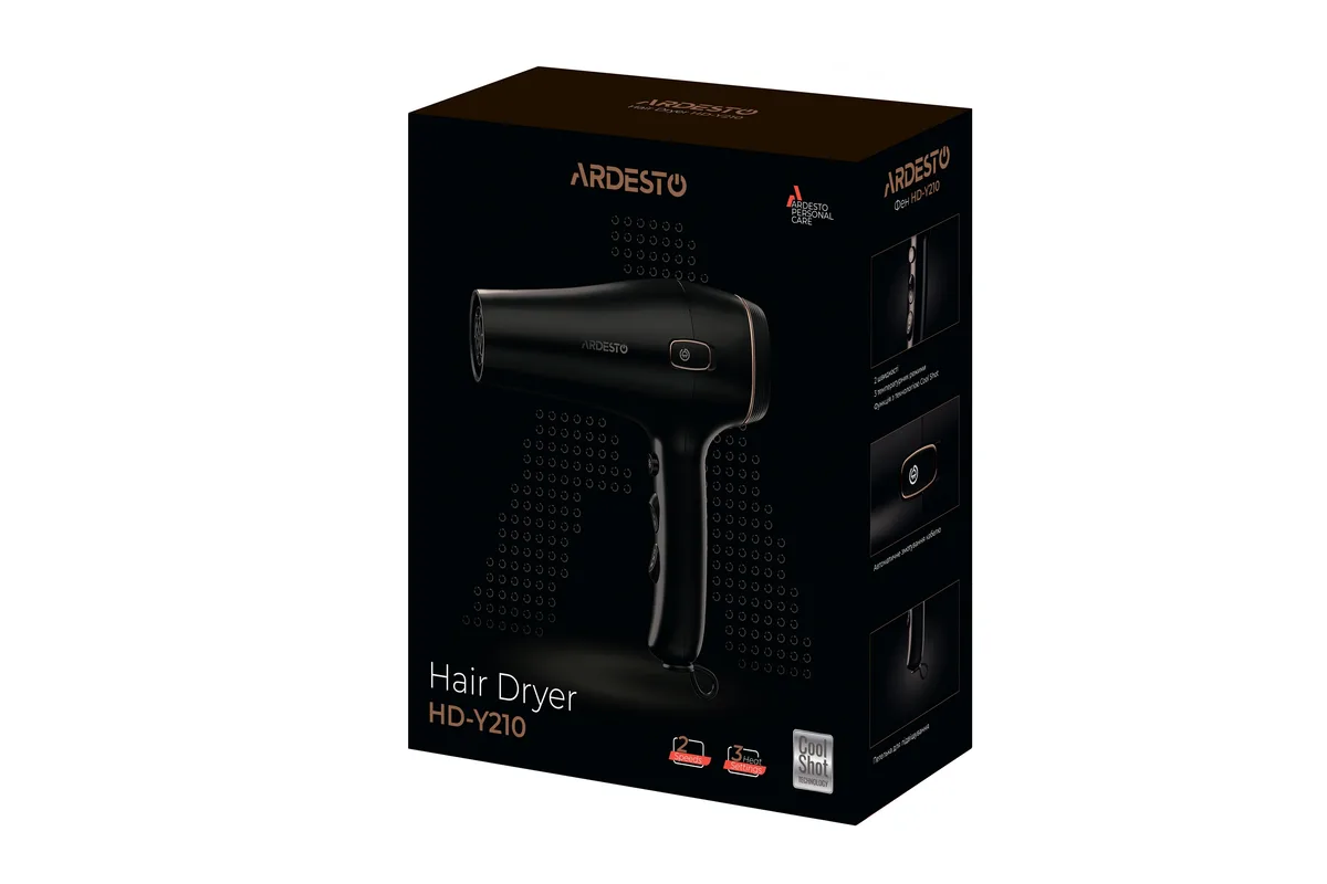 Фен ARDESTO HD-Y210, потужність 1750-2100 Вт, 2 швидкості, 3 температурні режими, автоматичне збирання шнура, чорний.