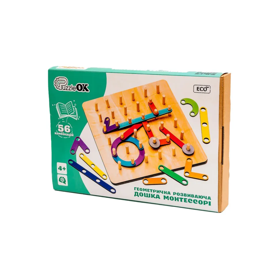 Геометрична розвивальна дошка PuzzleOK з дерева 30х30 см багатокольорова