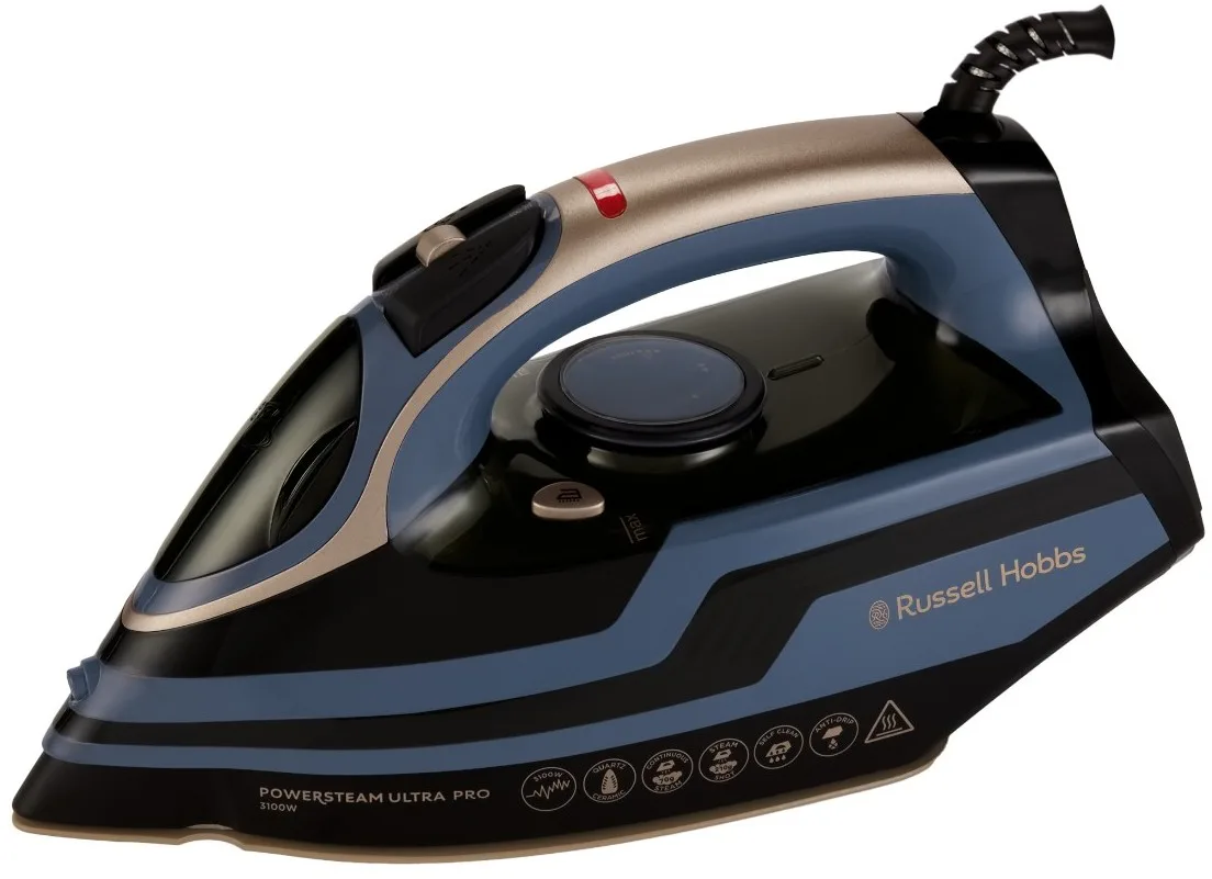Праска Russell Hobbs, 3100Вт, паровий удар до 210гр, вертикальне відпарювання, керамічна підошва, чорний з синім.