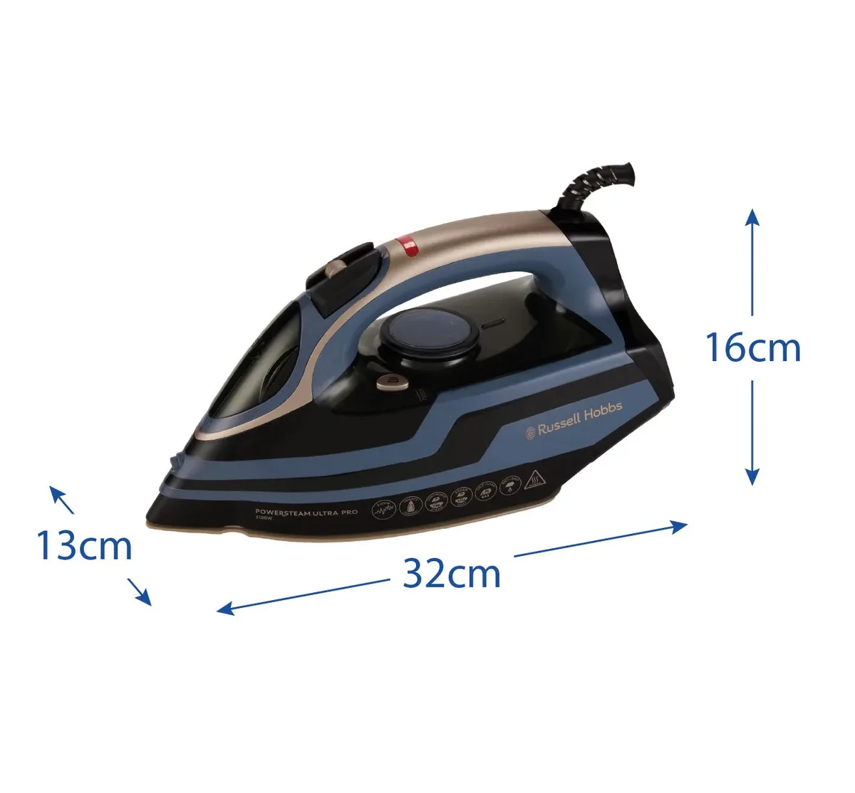 Утюг Russell Hobbs, 3100Вт, паровой удар до 210гр, вертикальное отпаривание, керамическая подошва, черный с синим