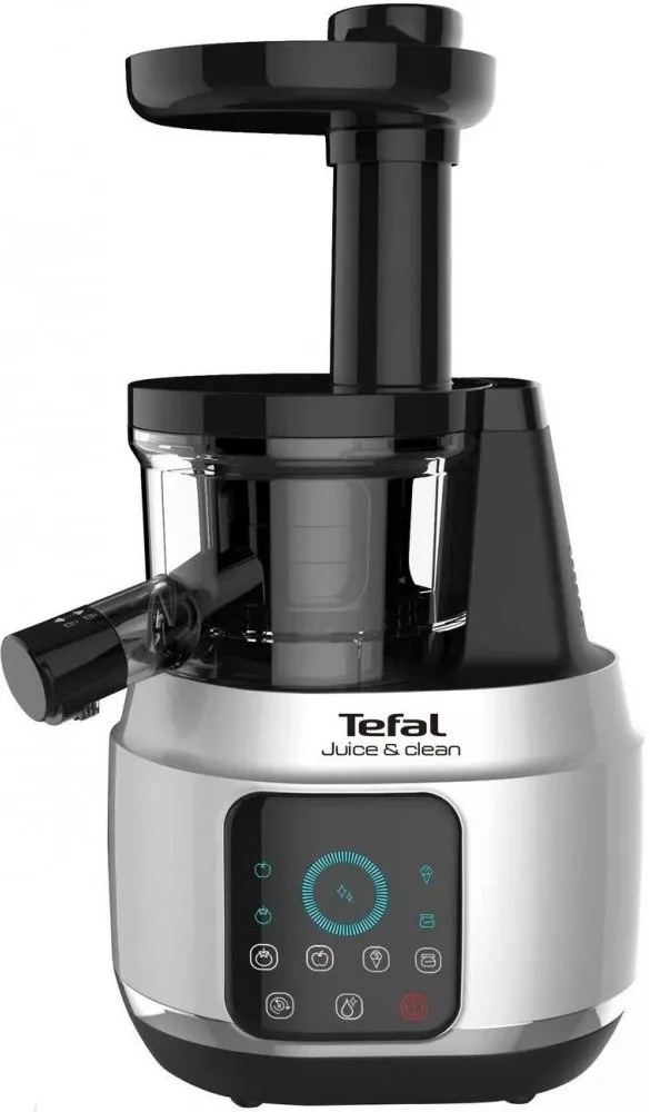 Соковыжималка Tefal JuiceClean шнекового типа, мощность 150Вт, объем чаши 08л, объем жмыха 08л, изготовлен из пластика, серебристо-черного цвета